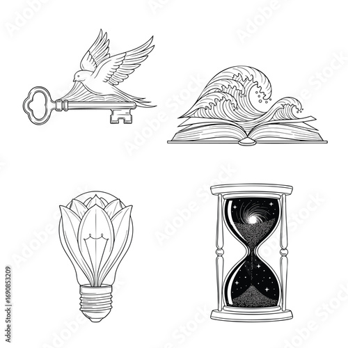 A set of four surreal symbolic handdrawn illustrations in a black and white engraving style.