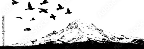 Grunge black and white mountain landscape with birds for artistic design projects