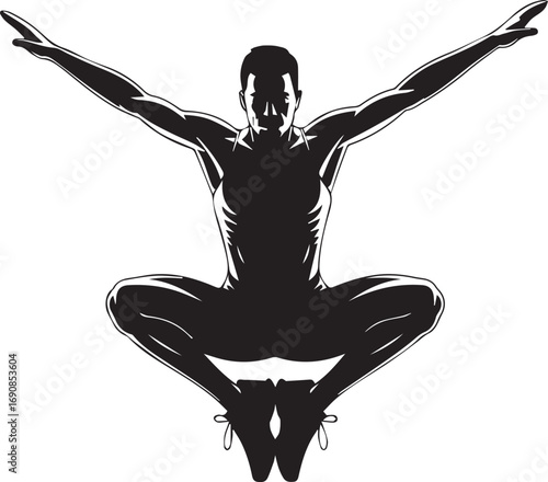 Dynamic silhouette of fit athlete performing powerful gymnastic pose with arms extended