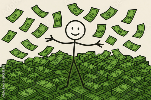stick man and pile of money. rich concept