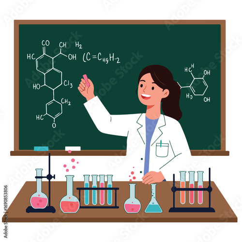 A woman in a lab coat writes on a blackboard with chemical formulas test tubes and flasks on a table