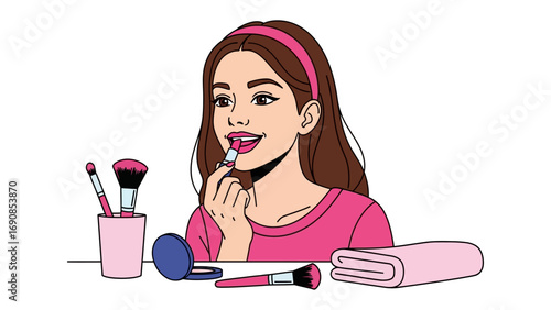 Young woman applying lipstick with makeup brushes and cosmetic products on a table preparing for a glamorous look