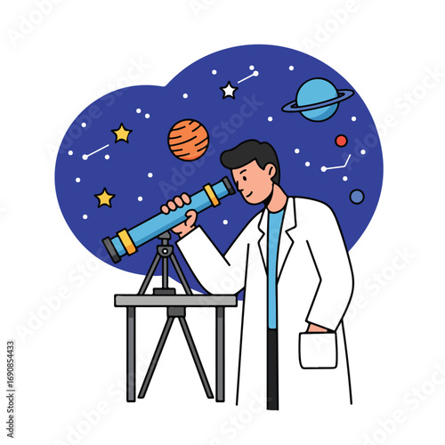 An illustration features a man looking through a telescope at planets and stars in a darkblue sky