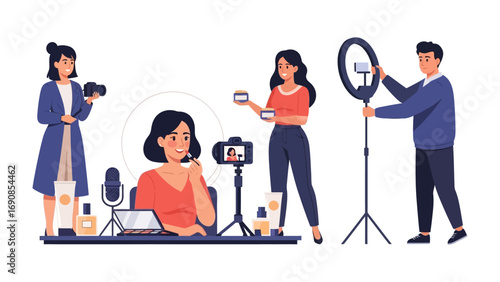 Diverse group of content creators filming videos and podcasts using cameras microphones and ring lights for online streaming
