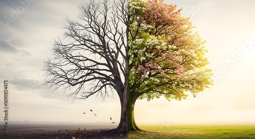 Symbolic tree showcases dual seasons, symbolizing change, growth, and renewal in nature