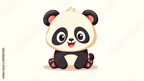 Cute cartoon panda bear sitting down with a happy smile. Adorable animal mascot illustration isolated on white background