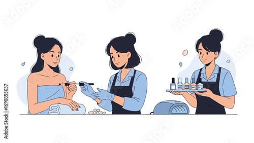 Three women in aprons applying makeup and holding beauty products in a salon or spa setting for beauty and wellness concepts