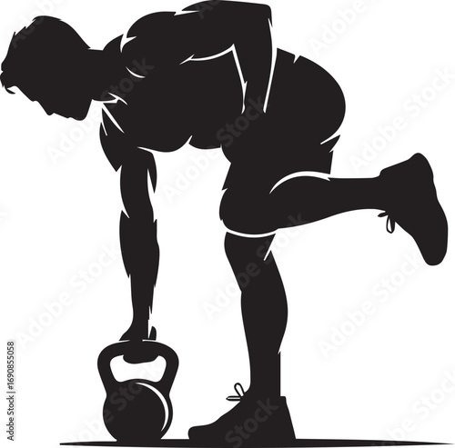 Muscular fitness athlete silhouette performing kettlebell row exercise dynamic silhouette workout motivation