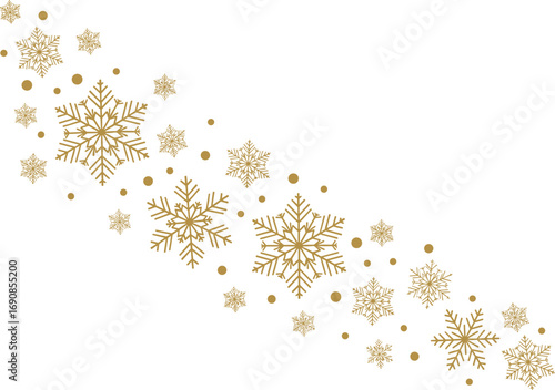Golden snowflakes vector pattern with decorative winter elements for Christmas, New Year, holiday backgrounds, festive cards, and seasonal designs