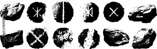 Grunge black and white nordic symbol set for design