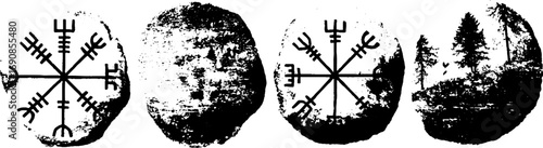 Nordic symbols and nature scenes in grunge black and white design set for artistic projects