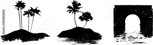 Grunge black and white oasis set featuring palm trees and arch for urban design projects