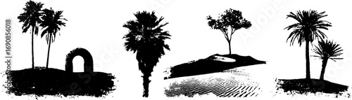 Grunge black and white oasis silhouette illustration set for urban design