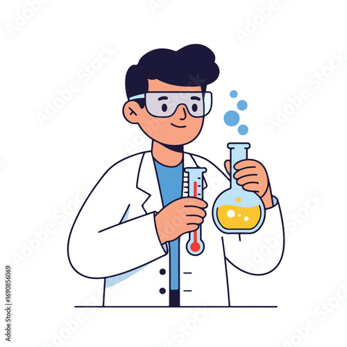 Illustration of a scientist holding a flask with yellow liquid and a thermometer Hes wearing glasses and a lab coat