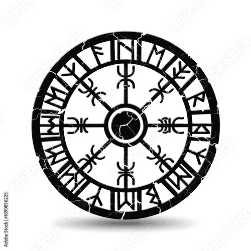Ancient Viking Vegvisir the Icelandic runic compass in a distressed black circular design with runes.