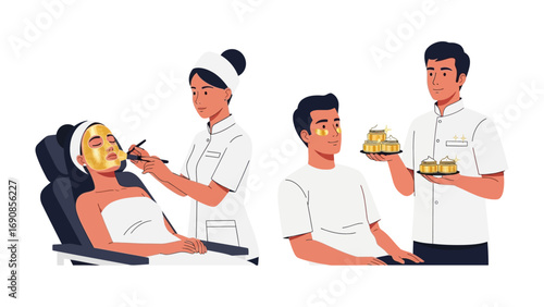 Two scenes depicting spa treatments a woman receiving a facial mask and a man being served small cakes by a waiter