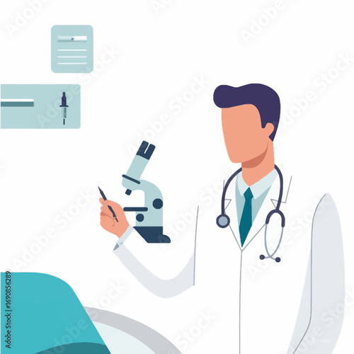 Vector illustration of a doctor using a microscope for medical research and laboratory analysis