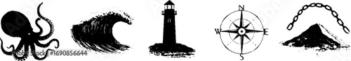 Nautical grunge black and white set: octopus, wave, lighthouse, compass, and anchor chain elements