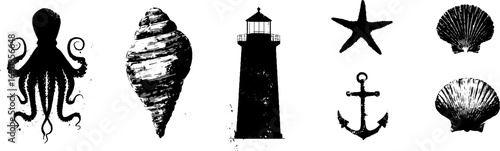 Nautical grunge black and white illustration set with octopus and sea elements for creative design