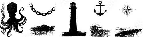 Nautical grunge black and white elements set: octopus, anchor, compass, waves, lighthouse design for print