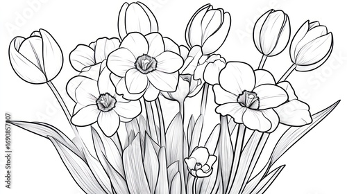 Monochromatic bouquet tulips drawing