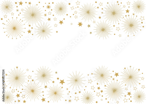 Fond festif doré avec étoiles et feux d’artifice décoratifs, motif élégant pour célébration, fête, nouvel an et mariage