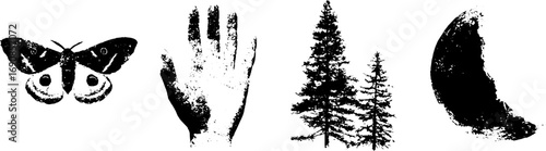 Grunge black and white set featuring butterfly, hand, trees, and crescent moon for creative design
