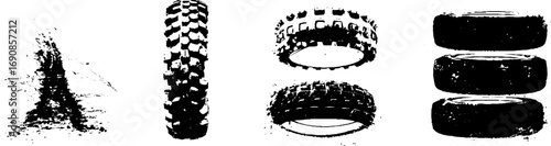 Grunge black and white off-road tire illustrations for design