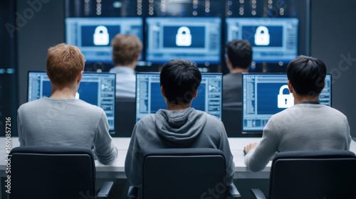 Wallpaper Mural Cybersecurity Team Working in Office with Monitors Showing Lock Icons during Data Protection Exercises and Threat Analysis Sessions Torontodigital.ca