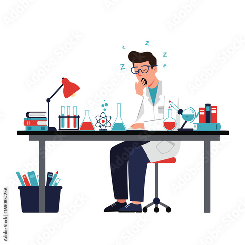 Scientist asleep at a lab desk surrounded by lab equipment