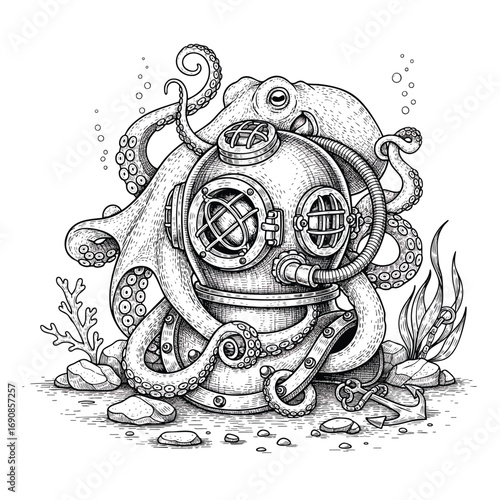 Black and white illustration of an octopus wrapped around a vintage deepsea diving helmet.
