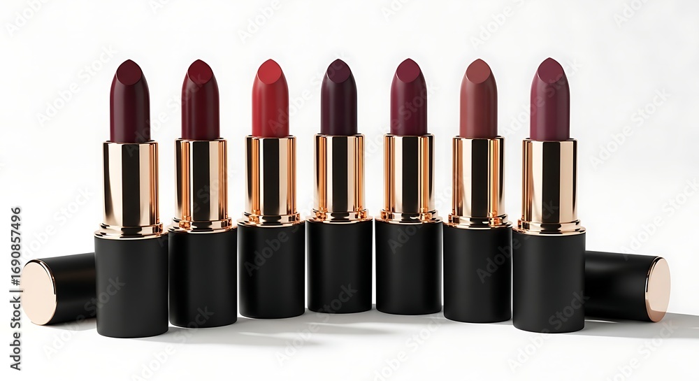 Obraz premium Luxe Collection of Seven Richly Pigmented Lipsticks in Sleek Black and Gold Tubes.