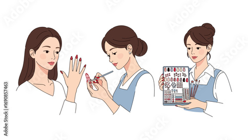 Three young women in a triptych style illustration one applying nail polish one painting nails and one holding a makeup palette representing beauty and self care routines