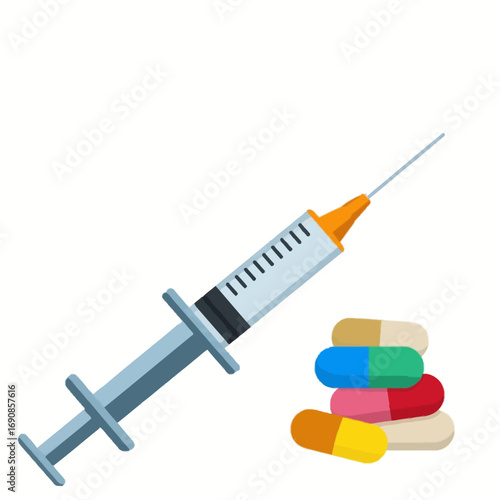 A close-up shot of a syringe and pile of colorful medicinal capsules symbolizing health and medical treatment