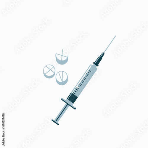 Medical syringe and pills illustration, representing healthcare and treatment concepts