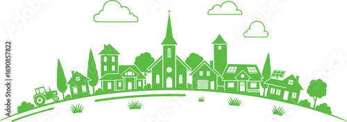 Eco village green silhouette with houses, church, tractor, solar panels, trees, grass and clouds, sustainable living community illustration