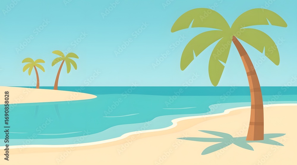 Fototapeta premium Serene Beach Scene with Palm Trees and Calm Blue Ocean Waters