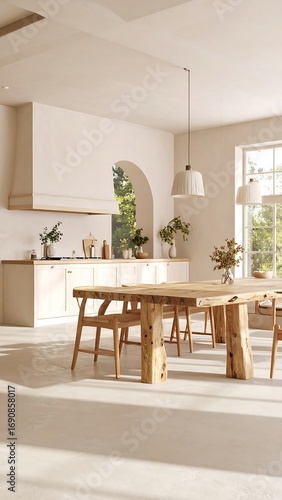 Modern, light-filled kitchen with wooden table