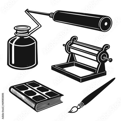 A collection of vintage art supplies including an ink bottle with a dipping pen a printing press a sketchbook and a paintbrush rendered in a classic black and white silhouette style