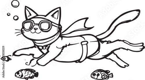 Playful cartoon cat swimming underwater with goggles, cute outlined illustration, minimal line art style