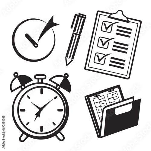 Collection of black and white icons representing time management tasks including a clock with a checkmark a pen a clipboard with a checklist and an alarm clock and a folder with documents