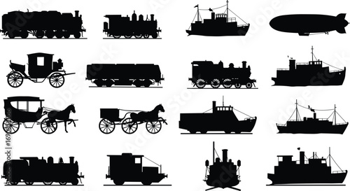 Transportation silhouettes, trains, ships, boats, airship, horse‑drawn carriages, trucks, amphibious vehicles, vintage transport, land, sea, air travel icons