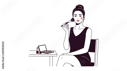 Elegant woman with her hair in a bun applying makeup with a brush in a minimalist line art illustration style