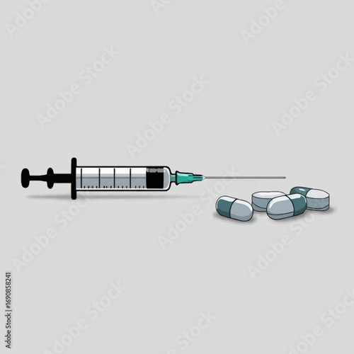 Syringe, Pills, and Medicine Healthcare and Medical Treatment for Illness