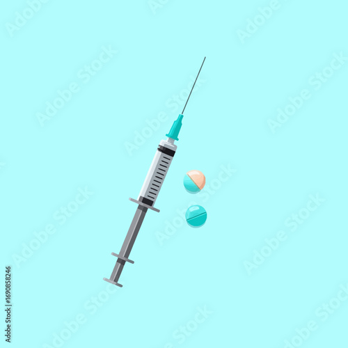 Medical syringe and pills illustration on a light blue background