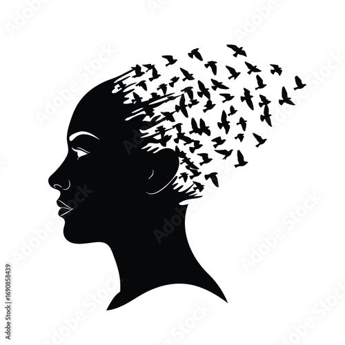 Black silhouette of a womans profile with her hair dissolving into a flock of flying birds.