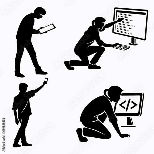 Diverse individuals engaged in modern technology activities including coding on computers using tablets and taking selfies with smartphones representing digital life and work
