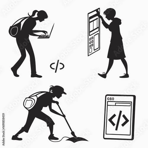 Diverse group of people silhouettes engaged in various activities including coding web design and cleaning symbolizing different professions and tasks