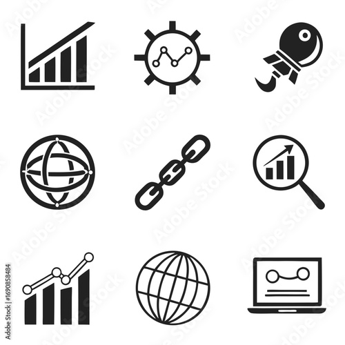 Collection of nine black and white vector icons representing business growth data analysis global connectivity seo optimization and digital marketing strategies for online success