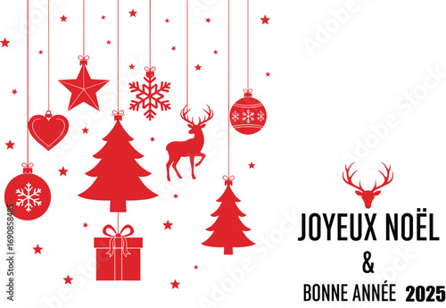 French Christmas and New Year 2025 greeting card with red festive icons, tree, reindeer, ornaments, snowflakes and holiday wishes